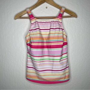 Lands’ End Woman’s Multi Color Striped Tankini Top Size 6 Long Shelf Bra Bright